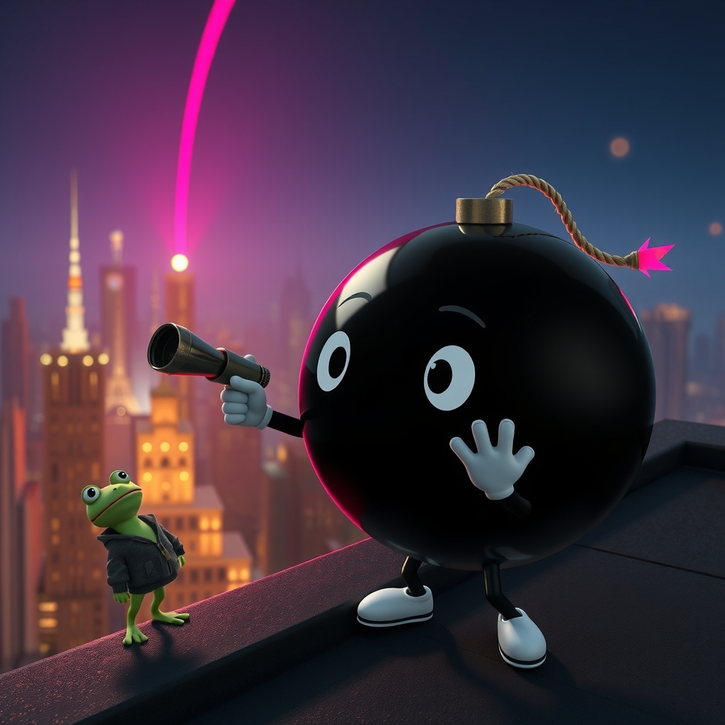 Boomie uses a telescope beside a frog on a neon rooftop