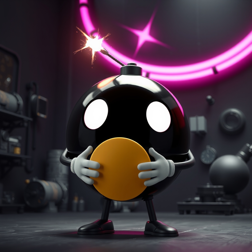 Boomie holds a gold coin beneath a pink orbital light in a dark workshop