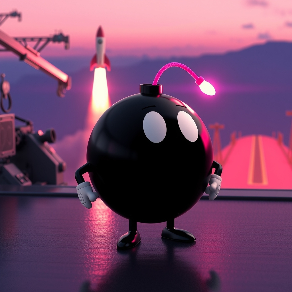 Boomie stands at a glowing spaceport with a rocket behind him